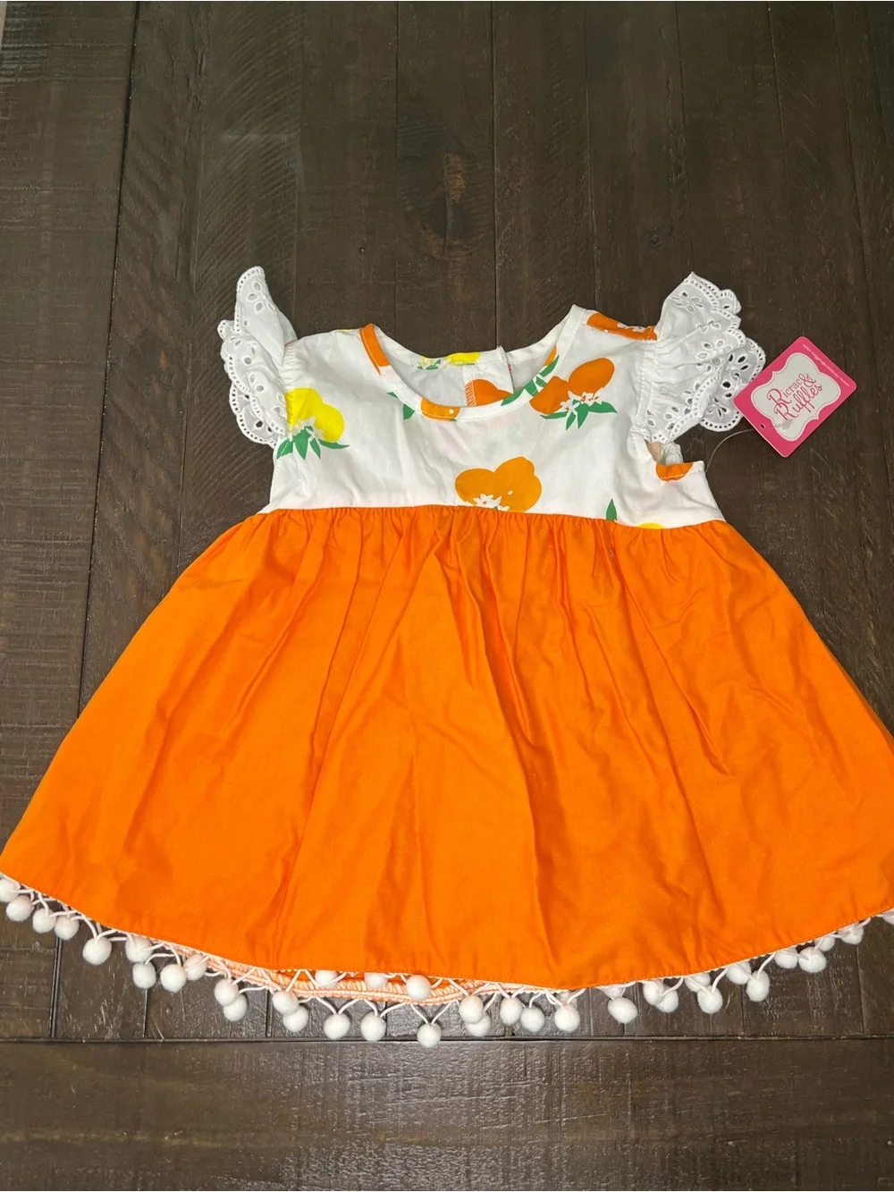 Ric Rac & Ruffles NWT 2t Orange Floral Pom-Pom Casual Dress Eyelet Sleeves